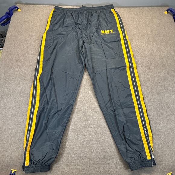 Navy Let Journey Begin Track Pants Mens 2XL Gray Gold Stripe Ankle Zip Lined 33" - Picture 1 of 13